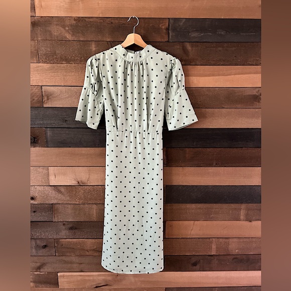 ZAPAKA Dresses & Skirts - ZAPAKA Sage Green Polka Dot Puff Sleeve Midi Dress Cottagecore Inspired
